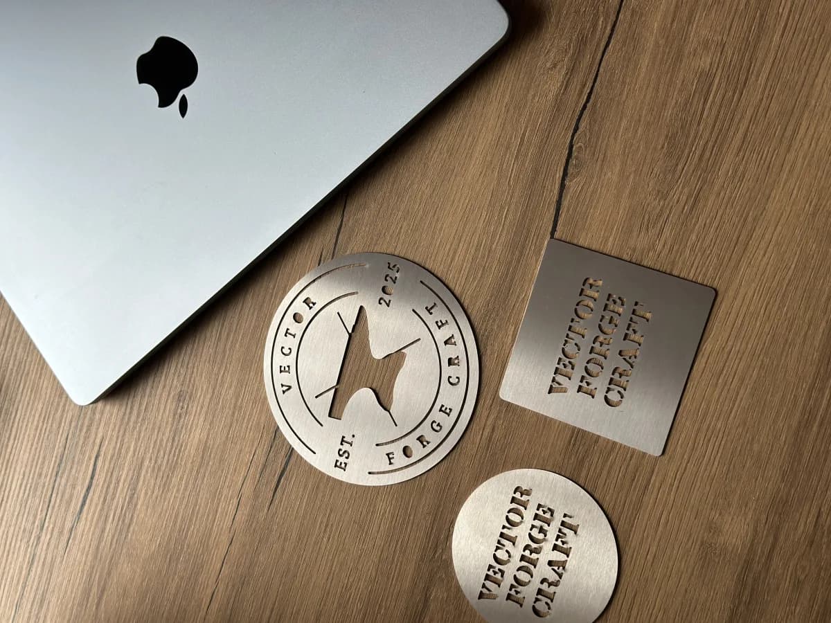 Finished custom laser-cut metal pieces on a workshop table
